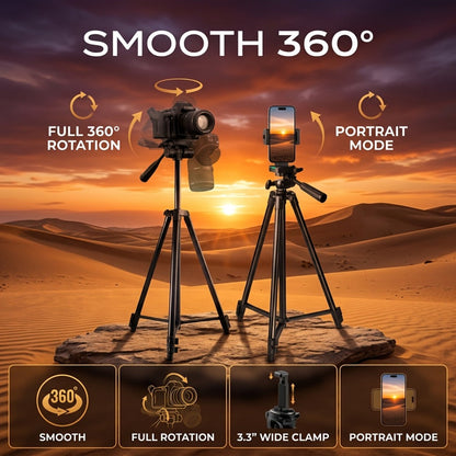 50-Inch Aluminum Camera Tripod with Pan-and-Tilt Head, Quick-Release Plate, Phone Clip and Carrying Bag in Black