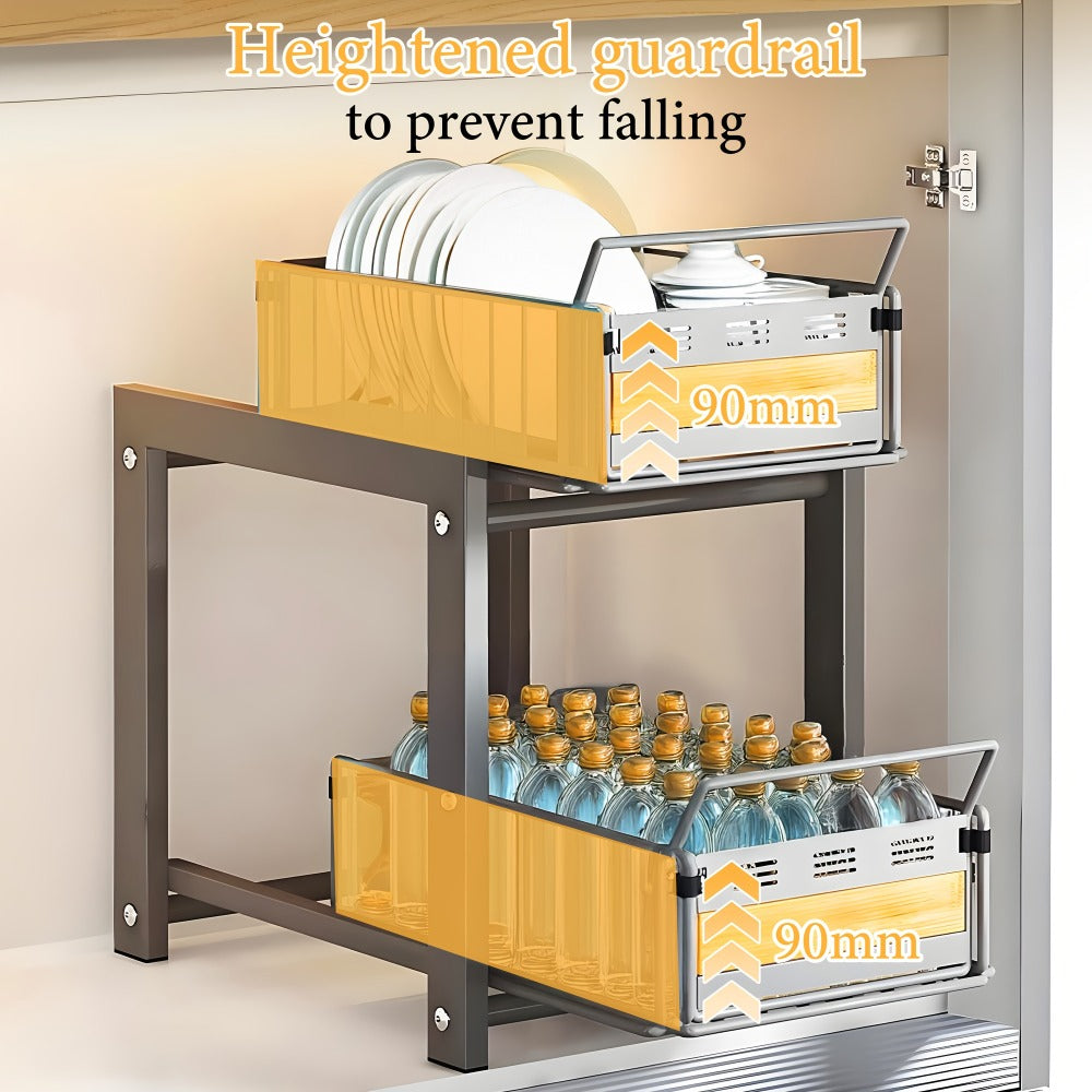 Two-Tier Pull-Out Cabinet Organizer with Dual Wire Baskets, 17.71 x 13.98 x 10.24 Inch Frame in Black or White