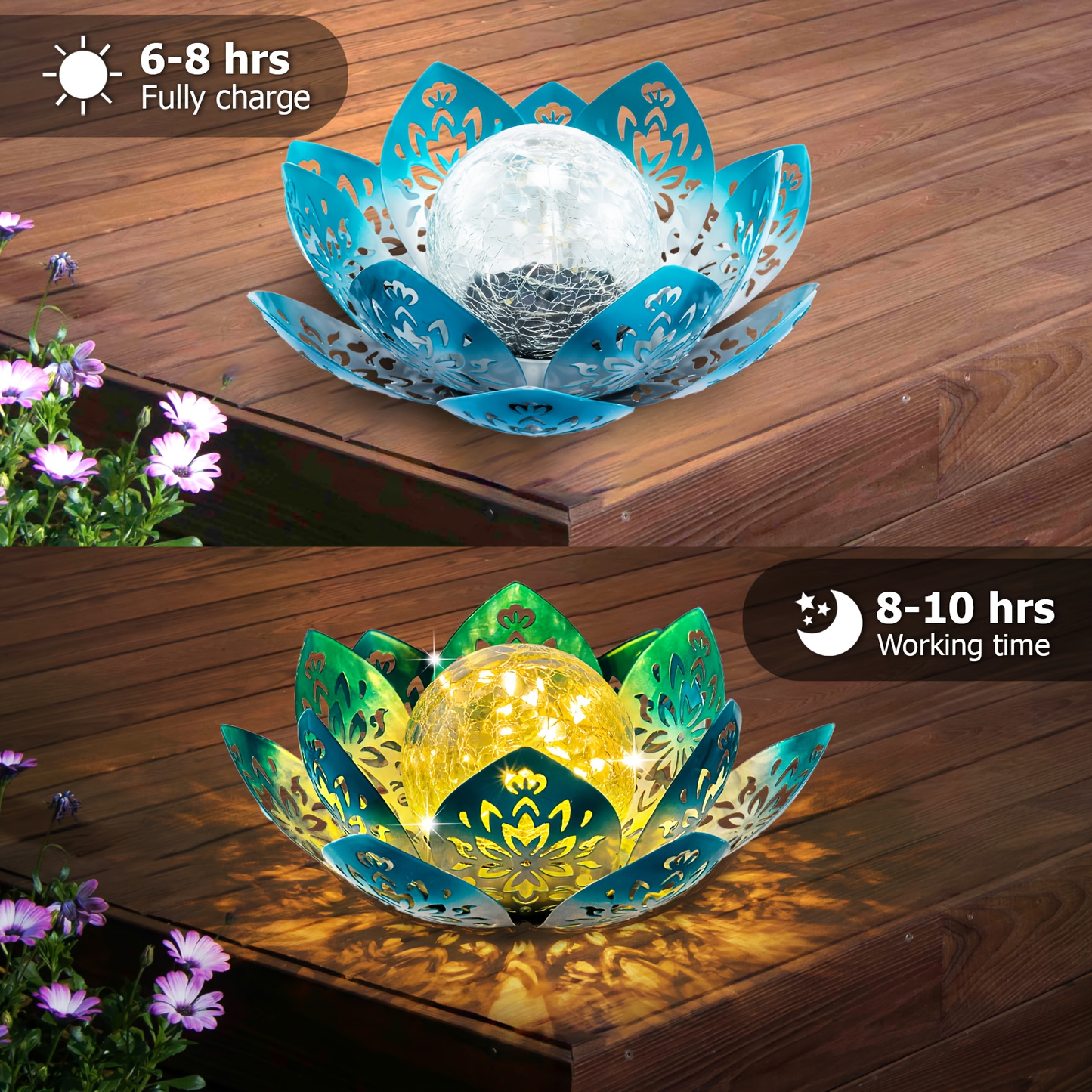 Solar Garden Light Lotus Flower with Cracked Glass Globe, IPX4 Rating and Three Color Options