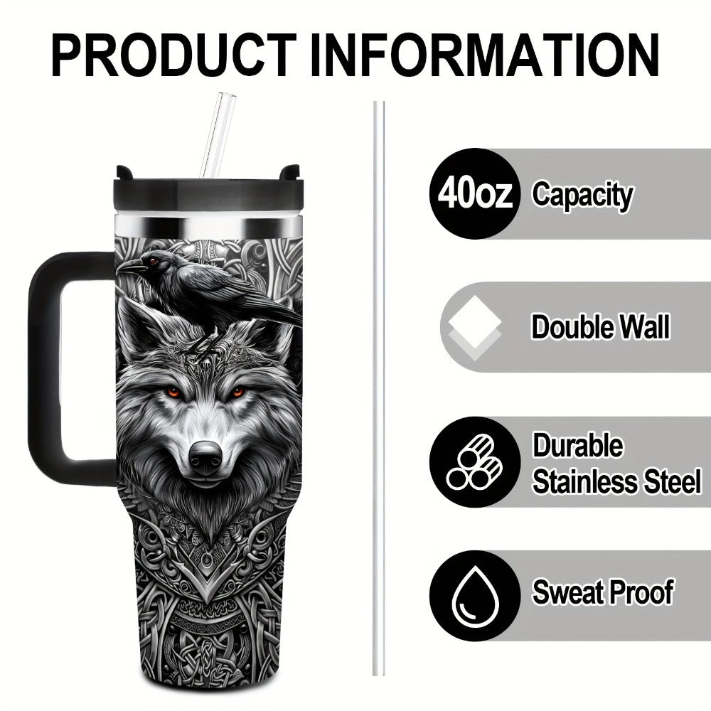 40oz Wolf-and-Raven Graphic Handled Tumbler with Black Lid, Straw and 10 x 26.8 cm Pictured Size