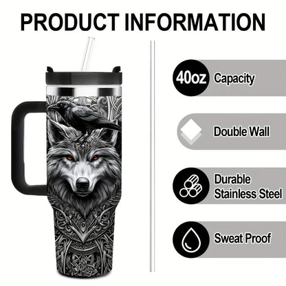 40oz Wolf-and-Raven Graphic Handled Tumbler with Black Lid, Straw and 10 x 26.8 cm Pictured Size
