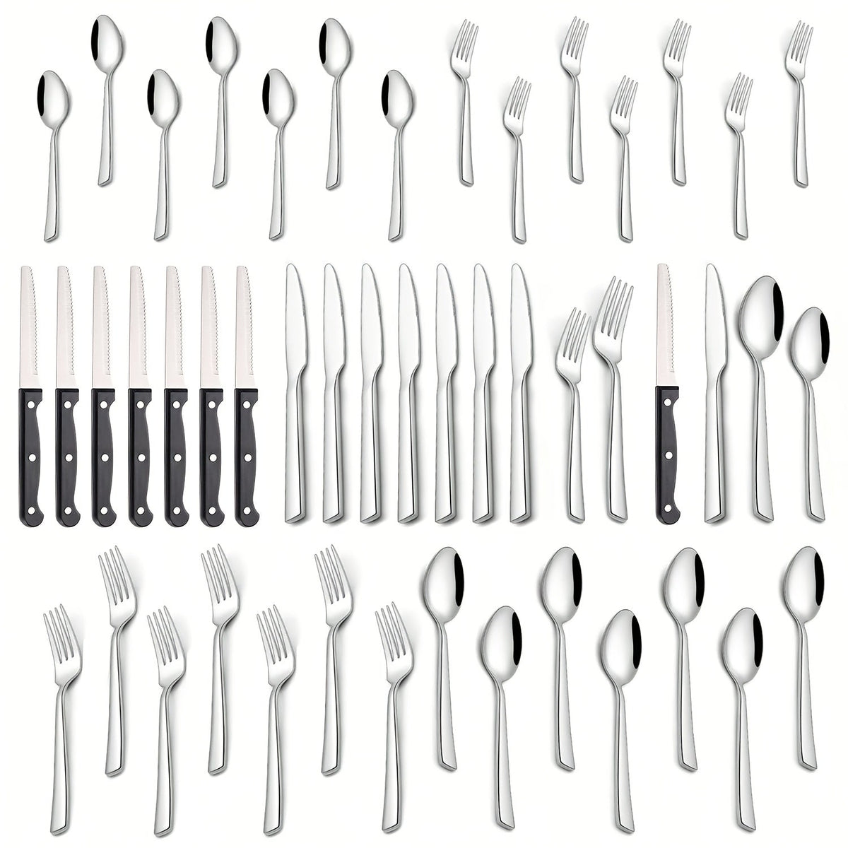 24- or 48-Piece Flatware Set with Silver, Gold or Black Finish Options and Black-Handle Steak Knives