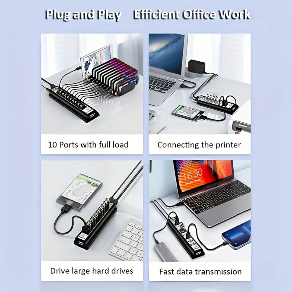 Black 10-Port USB 2.0 Hub with USB-A Host Cable, Numbered Ports and DC Power Input for Desktop Expansion