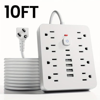 Power Strip 14-in-1 Wall-Mount Model with 8 AC Outlets, 4 USB-A, 2 USB-C and 5- or 10-Foot Flat-Plug Cord