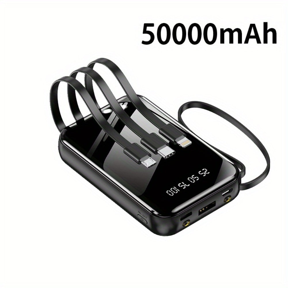 Power Bank 50000mAh 22.5W with Four Built-In Cables, Digital Display and LED Flashlight in Black or Purple