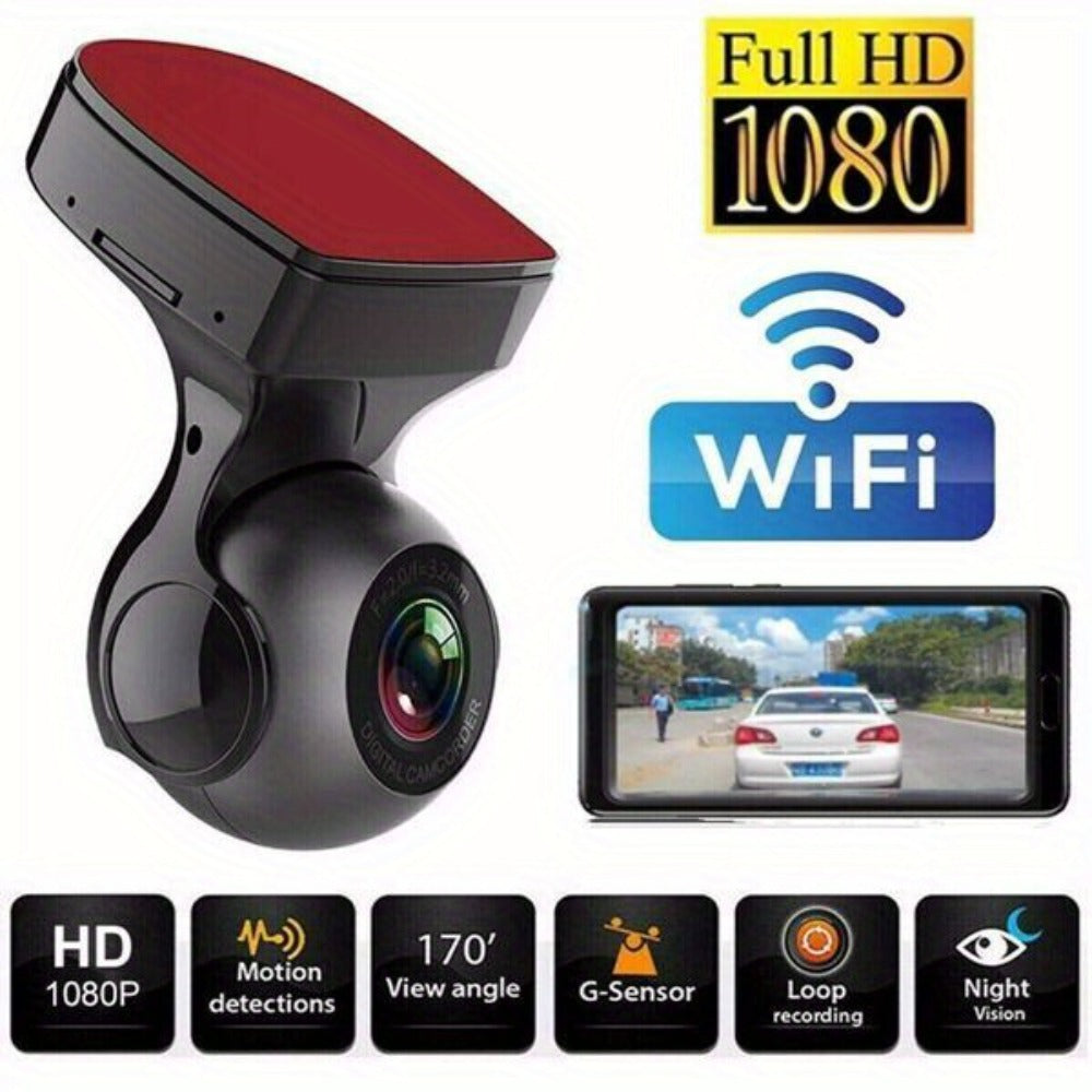 1080P WiFi Dash Cam 170° Wide Angle – HD Car DVR with G-Sensor, Loop Recording, Night Vision, Smartphone App View, Compact Windshield Camera for Cars & Trucks