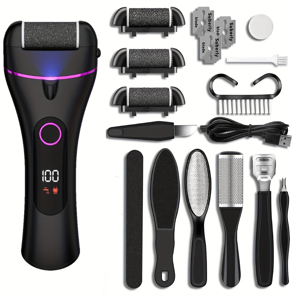 14-in-1 Rechargeable Electric Foot Care Kit with Three Roller Heads, Display and Black or Purple Finish