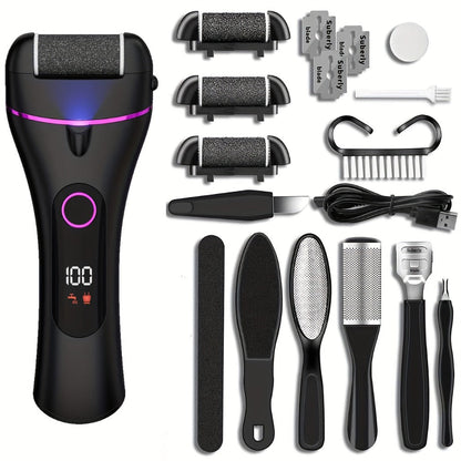 14-in-1 Rechargeable Electric Foot Care Kit with Three Roller Heads, Display and Black or Purple Finish