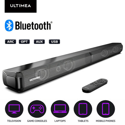 ULTIMEA 2.2ch Detachable TV Soundbar 100W Peak Power Bluetooth 5.3 Bass Adjustable 3 EQ Modes Optical ARC AUX Wall Mount Sound Bar for Smart TV Home Theater