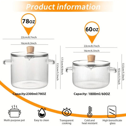 Ribbed Transparent Glass Cooking Pot with Lid in 60.87oz or 77.77oz Sizes, Clear Side Handles and Pouring Spout
