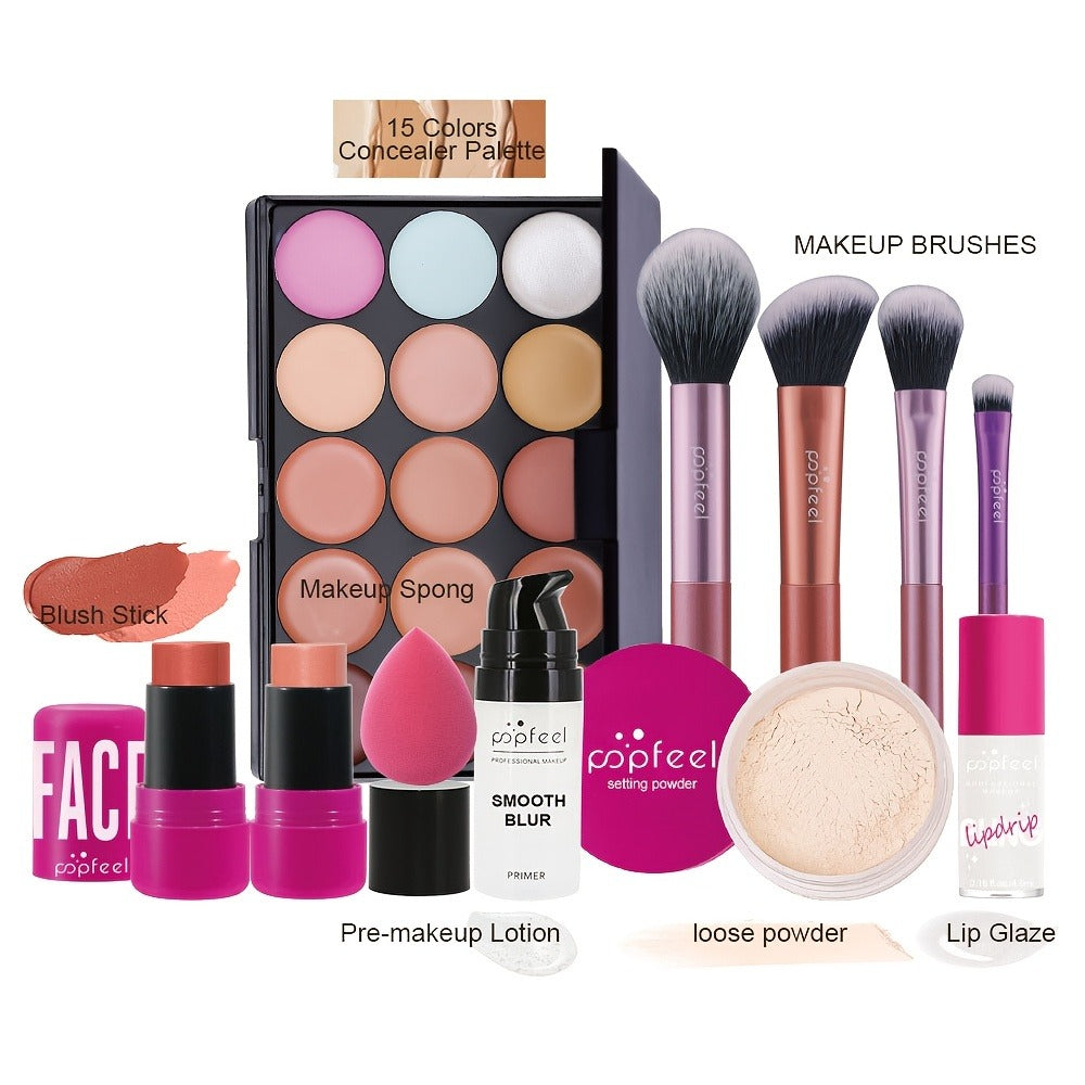 Pink Face Makeup Set with 15-Pan Face Palette, 9-Pan Color Palette, Four Brushes and Lip, Eye and Powder Products