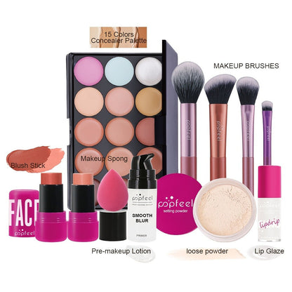 Pink Face Makeup Set with 15-Pan Face Palette, 9-Pan Color Palette, Four Brushes and Lip, Eye and Powder Products