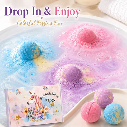 Bath Bombs, 91-Piece Mini Fizzer Set with 15g Round Pieces, Three Labeled Scents and Random Assorted Colors