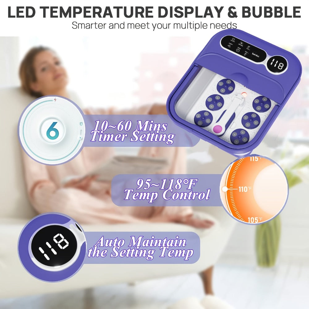 Collapsible Foot Spa with Heater, Temperature Control, Bubbles, Six Rollers and Two Color Options