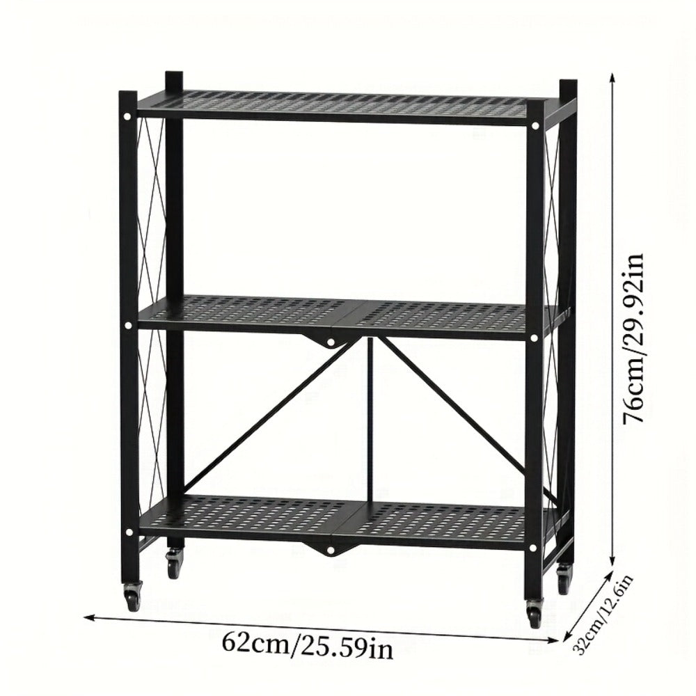 Three-to-Five-Tier Wheeled Storage Rack with Foldable Shelves and Black or White Configurations