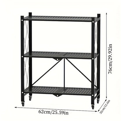 Three-to-Five-Tier Wheeled Storage Rack with Foldable Shelves and Black or White Configurations