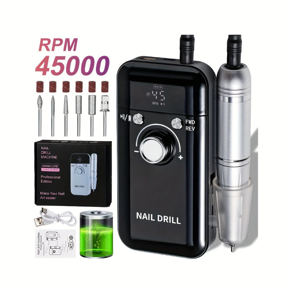 Electric Nail Drill 45000 RPM Rechargeable Kit with Bits, Sanding Bands and Three Model Color Options