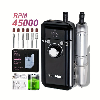 Electric Nail Drill 45000 RPM Rechargeable Kit with Bits, Sanding Bands and Three Model Color Options
