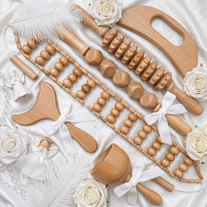 Wooden Manual Massage Tool Set, Six-Piece Roller and Scraping Kit with Textured Heads for Face, Neck and Body