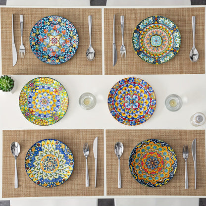 Bohemian Ceramic Dessert Plate Set of 6 - 8.5 Inch Colorful Abstract Pattern Dinnerware, Glazed Porcelain Plates
