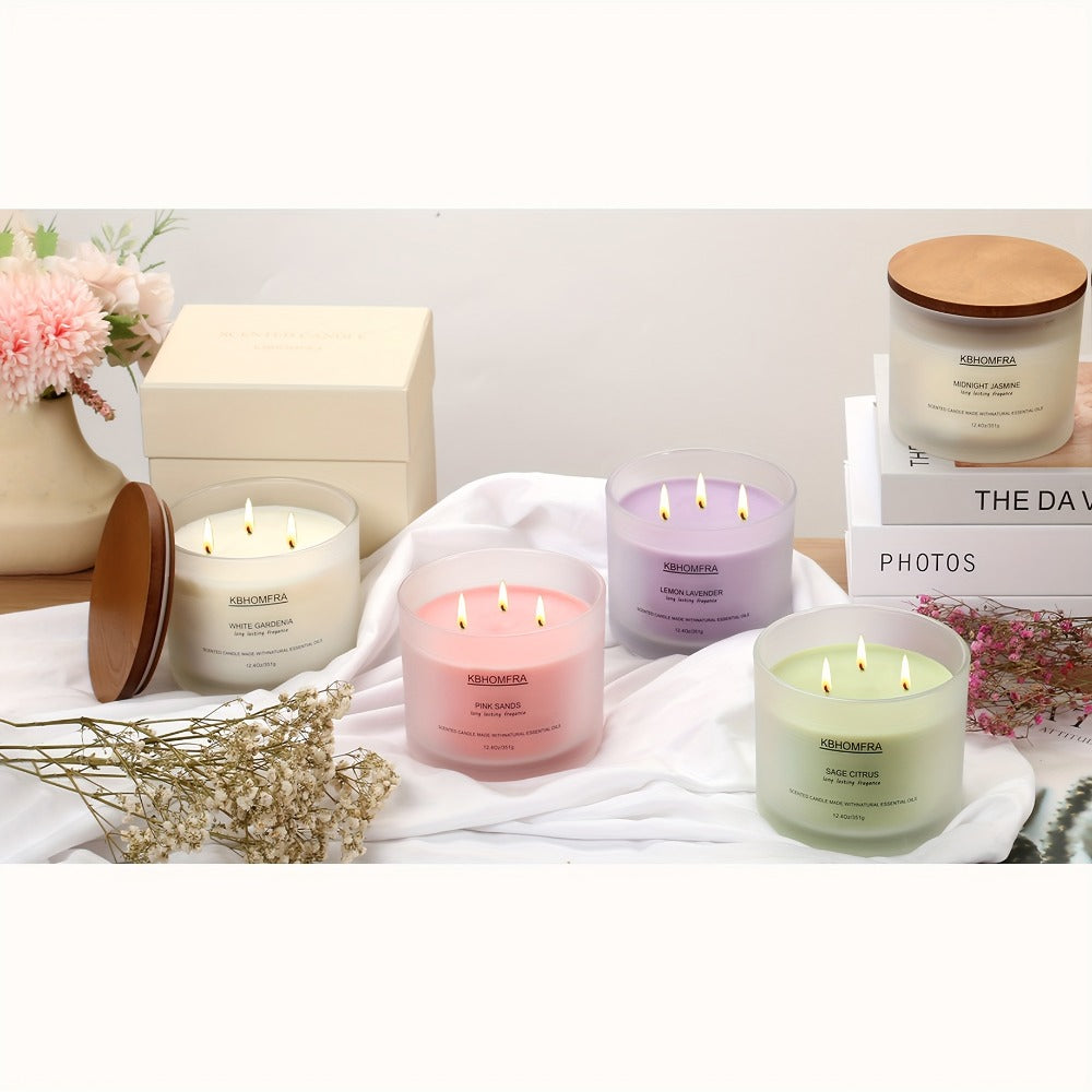 12.4oz Candle with Three Cotton Wicks, Wide Glass Jar, Gift Box and Six Fragrance Selections