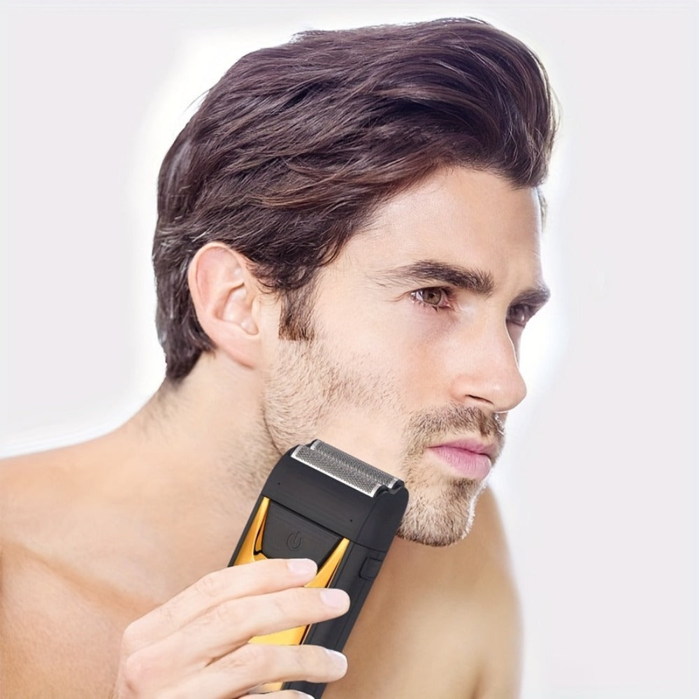 Golden-and-Black Electric Foil Shaver with Rectangular Head, Front Display and Charging Stand