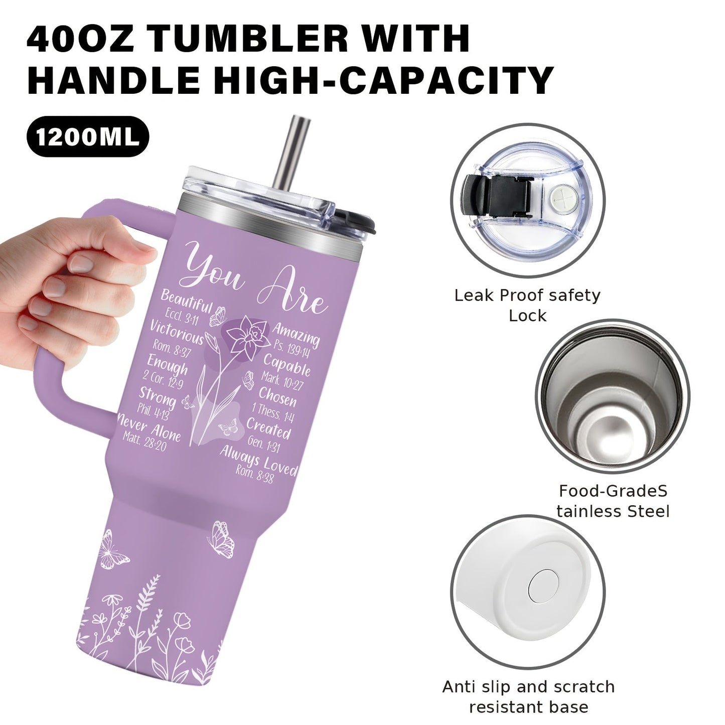 Insulated Tumbler 40oz Faith-Inspired Graphic with Lid and Straw for Desk, Camping and Daily Use