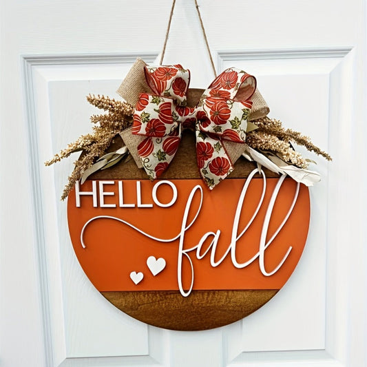 Hello Fall 3D Door Hanger – Autumn Harvest Pumpkin Wheat Bow Fall Wreath Door Sign Seasonal Home Decor