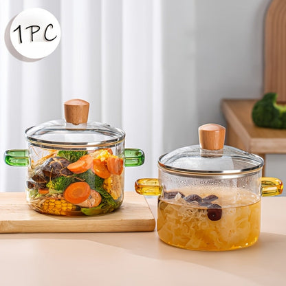 Glass Cooking Pot 54oz 1600ml Borosilicate Heat-Resistant with Lid – Transparent Dumpling & Ramen Pot for Stove & Oven | Odorless Easy-Clean Soup Milk Pot with Green or Yellow Stainless Steel Handle