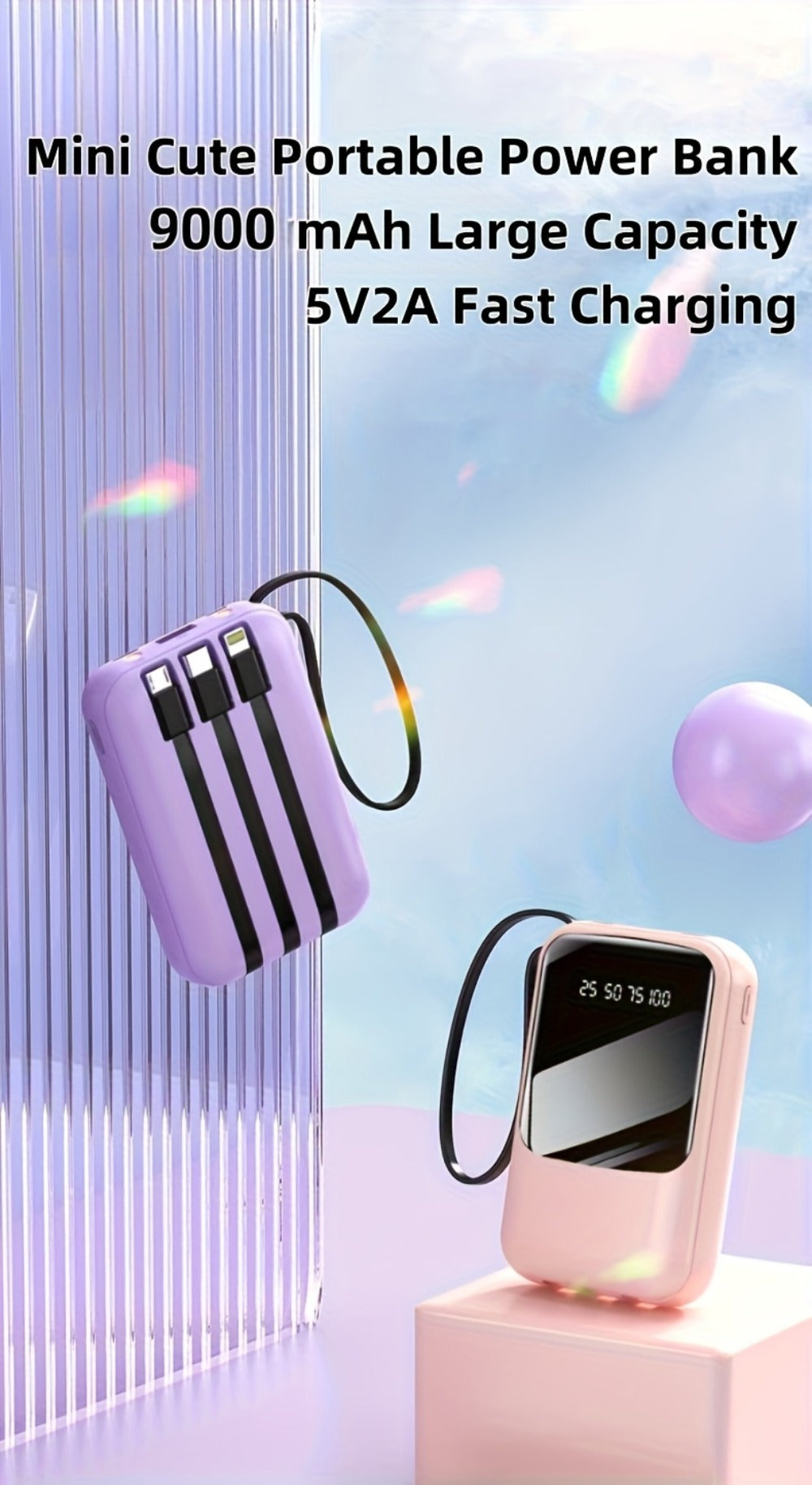 Power Bank 10000mAh Mini with Built-In Cable Set, 5W/15W/22.5W Options, Display and LED Light