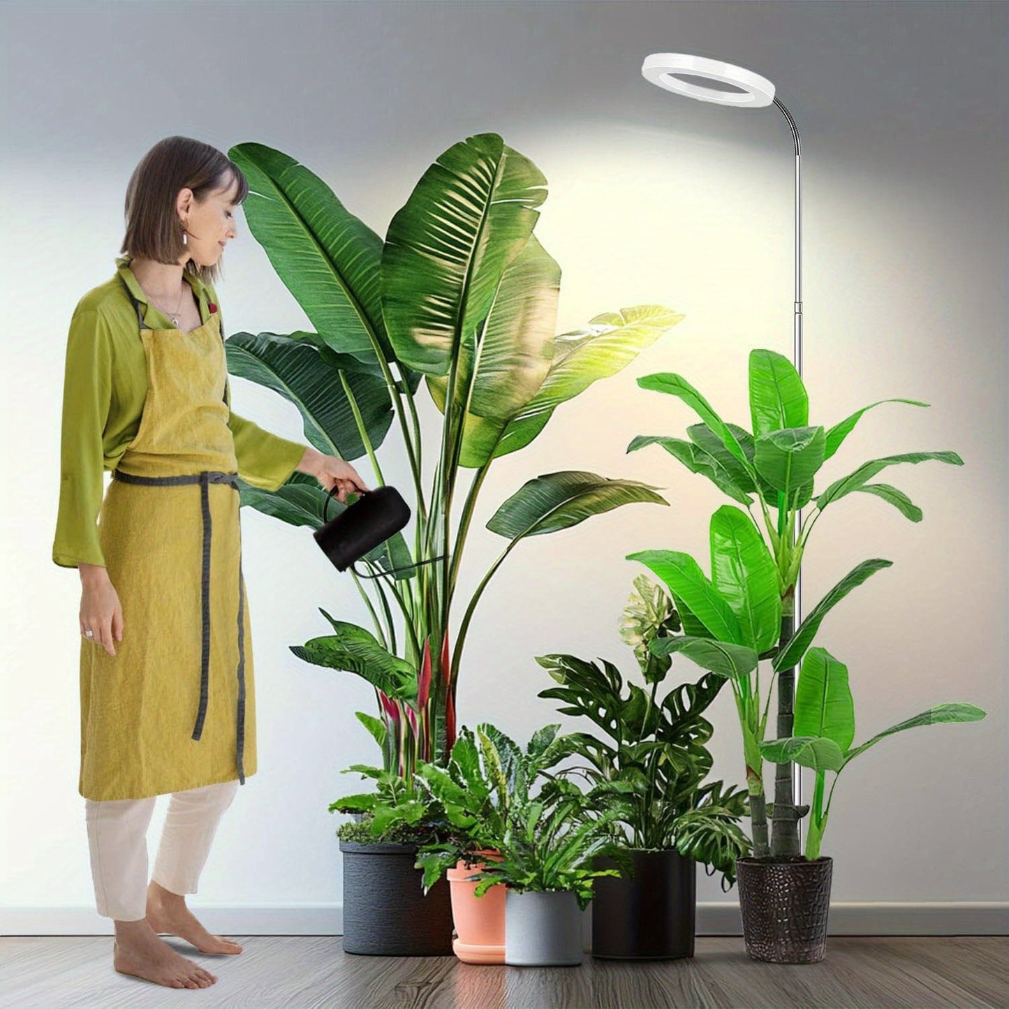 Telescopic Ring LED Plant Lamp with Flexible Gooseneck, 10-65in Pole and Black or White Options