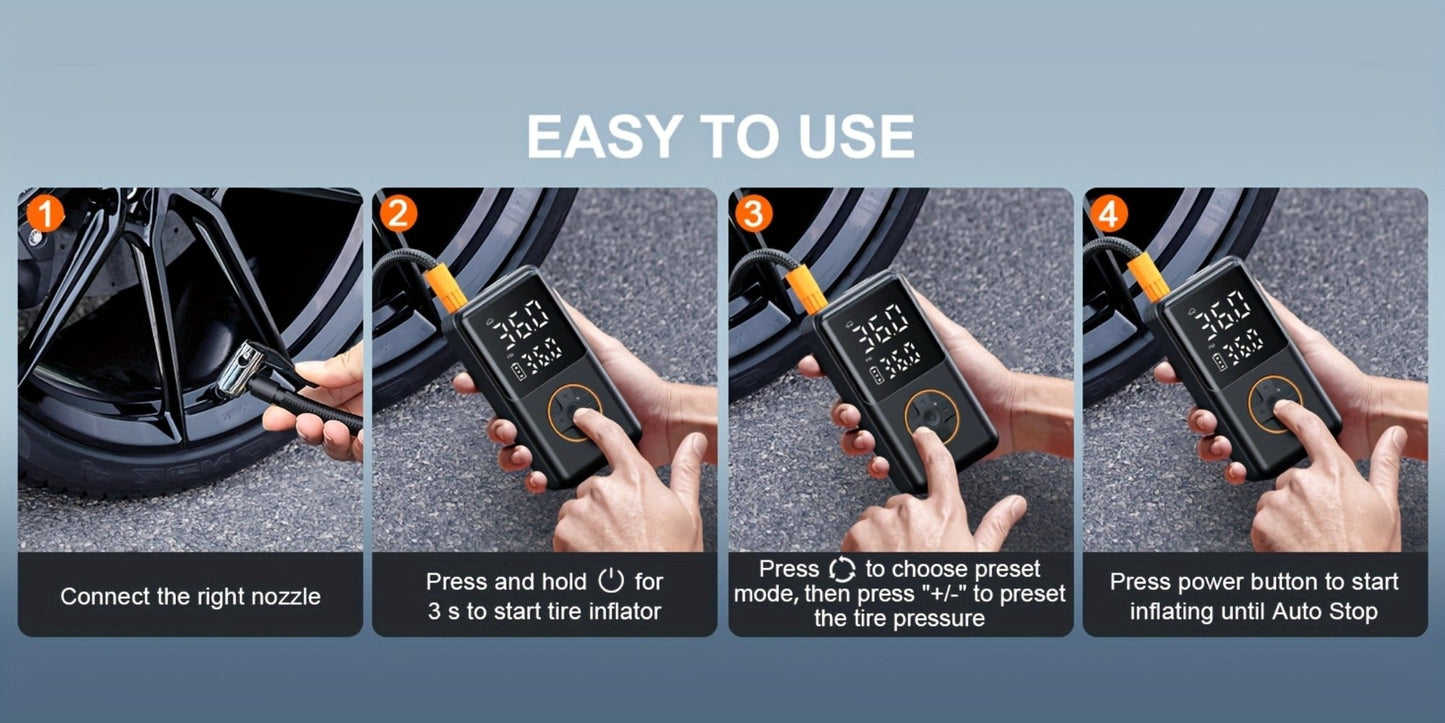 Portable Tire Inflator Cordless 150PSI Electric Air Compressor Pump with LCD Display, Auto Shut-Off, LED Light & Preset Pressure for Car Motorcycle Bike Sports Ball Camping Outdoor Emergency