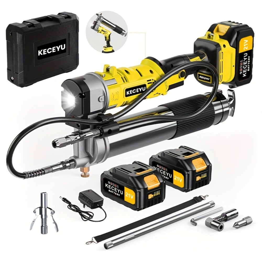 Cordless Grease Gun 10000 PSI Electric Grease Gun Kit with 2 Batteries Charger 39.4 Inch Flexible Hose LED Light Battery Powered for Automotive Garage Farm Equipment Yellow Red