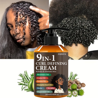 280ml 9-in-1 Curl Defining Cream in Pump Bottle with Pictured Botanical Ingredient Blend for Wavy Hair