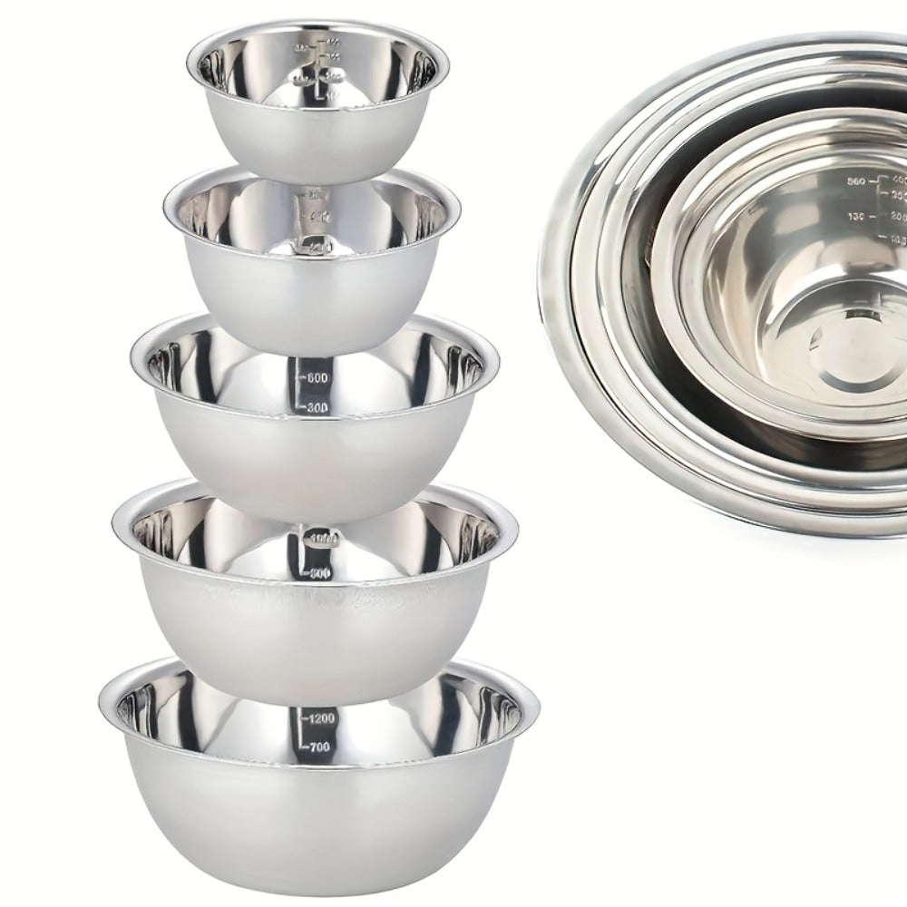 Stainless Steel Mixing Bowl Set 5-Pack with Measurement Markings for Kitchen Cooking Baking Salad Vegetable Washing Fruit Serving & Meal Prep – Stackable Nesting Bowls