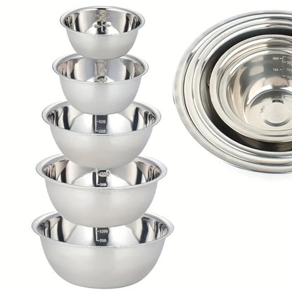 Stainless Steel Mixing Bowl Set 5-Pack with Measurement Markings for Kitchen Cooking Baking Salad Vegetable Washing Fruit Serving & Meal Prep – Stackable Nesting Bowls