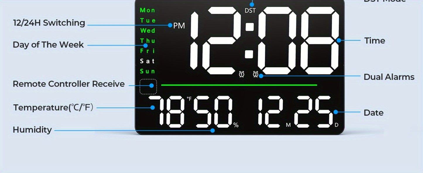 Digital Wall Clock 16 Inch LED with Remote Control – Large Display Shows Time, Date, Day of Week & Indoor Temperature, Modern Decor for Bedroom, Living Room, Office, Gym & Garage (White)