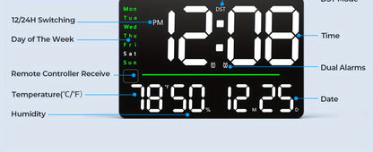 Digital Wall Clock 16 Inch LED with Remote Control – Large Display Shows Time, Date, Day of Week & Indoor Temperature, Modern Decor for Bedroom, Living Room, Office, Gym & Garage (White)