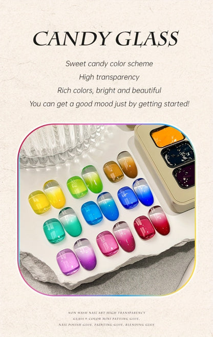 Candy Glass Gel Nail Polish Set 9 Colors Gradient Effect — Fall Winter Shades Translucent Glass-Like Finish Long-Lasting Durable Nail Art for Salon & Home Manicure Gift Women