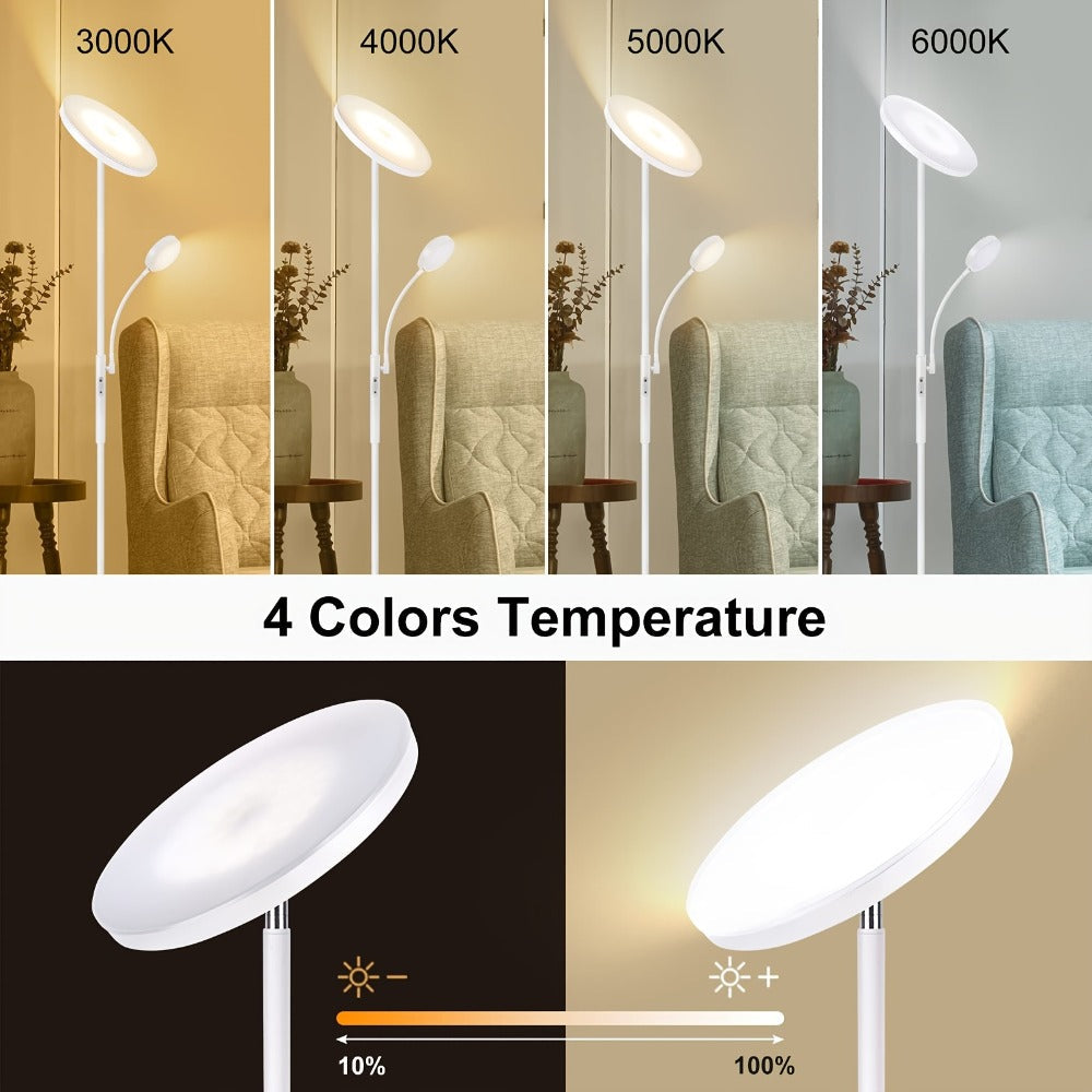 Dual-Head Torchiere Floor Lamp with 27W Main Light, 7W Reading Arm, Four Color Temperature Modes and Remote or Touch Control