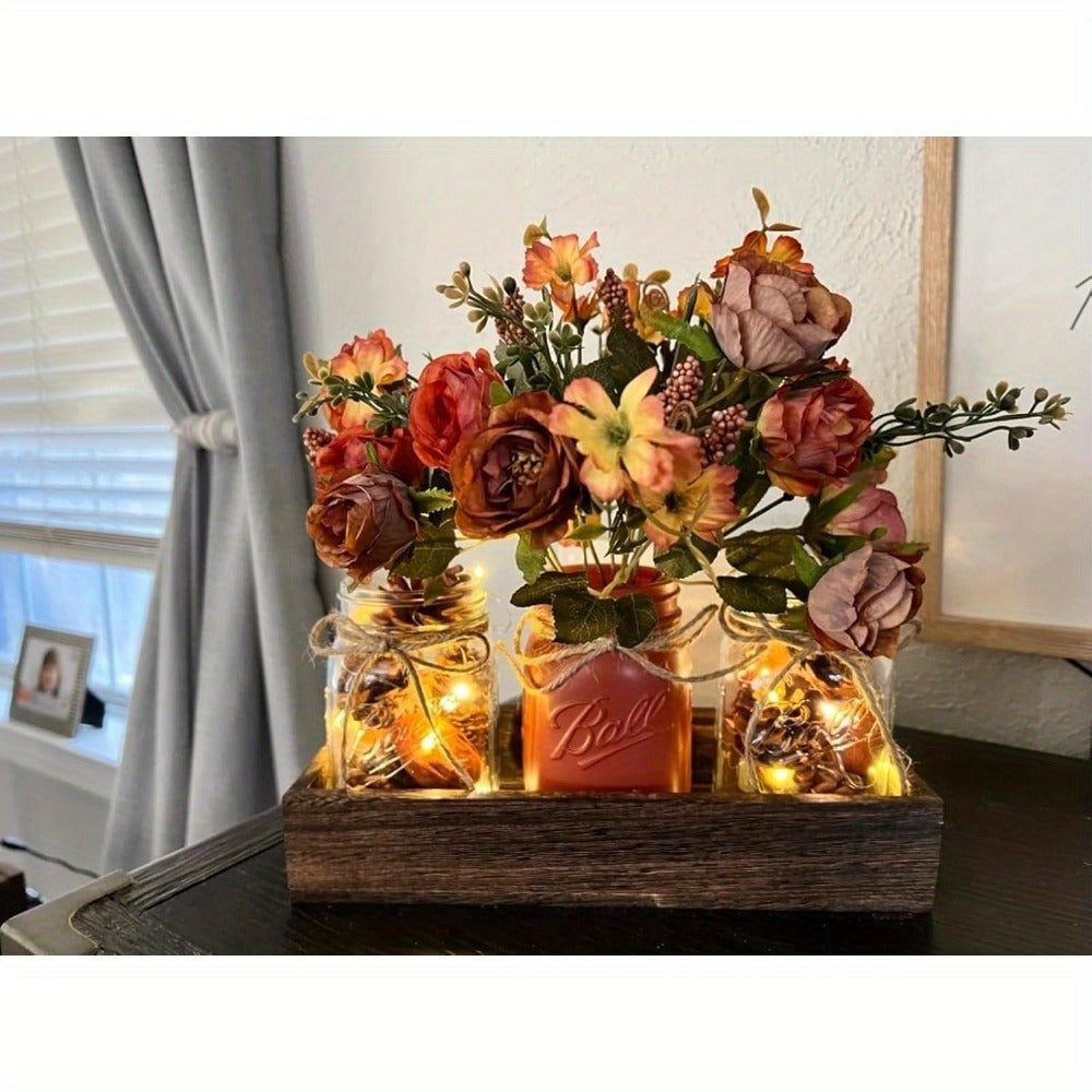 Mason Jar Centerpiece Table Decorations with Wood Tray & LED Lights – 3-Piece Farmhouse Decor Set for Dining Room, Kitchen, Living Room & Bathroom | Holiday Home Decor Gift