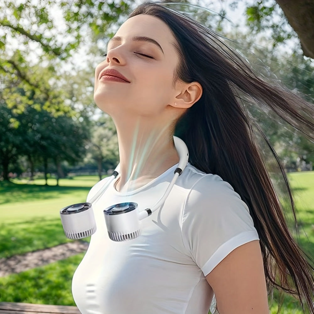 Dual-Head Neck Fan with a Digital Display in White, Green or Champagne Golden and USB Charging