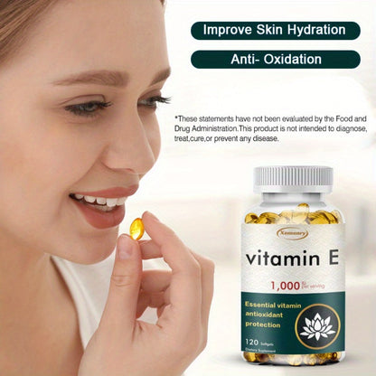 Vitamin E 1000IU Softgels 120 Count High Potency Antioxidant Supplement for Hair, Skin, Nails & Eye Health – Gluten-Free Immune Support 120-Day Supply for Women & Men