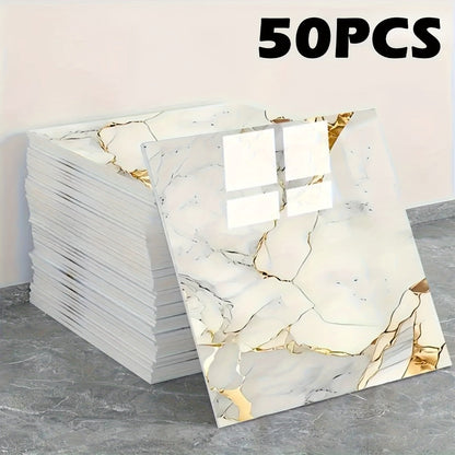 Peel and Stick Wall Tiles 50/100pcs Waterproof PVC Marble Self Adhesive Vinyl Tile Stickers for Bathroom Kitchen Living Room, TV Backdrop Shower Wall Panels Modern Home Decor Easy Installation