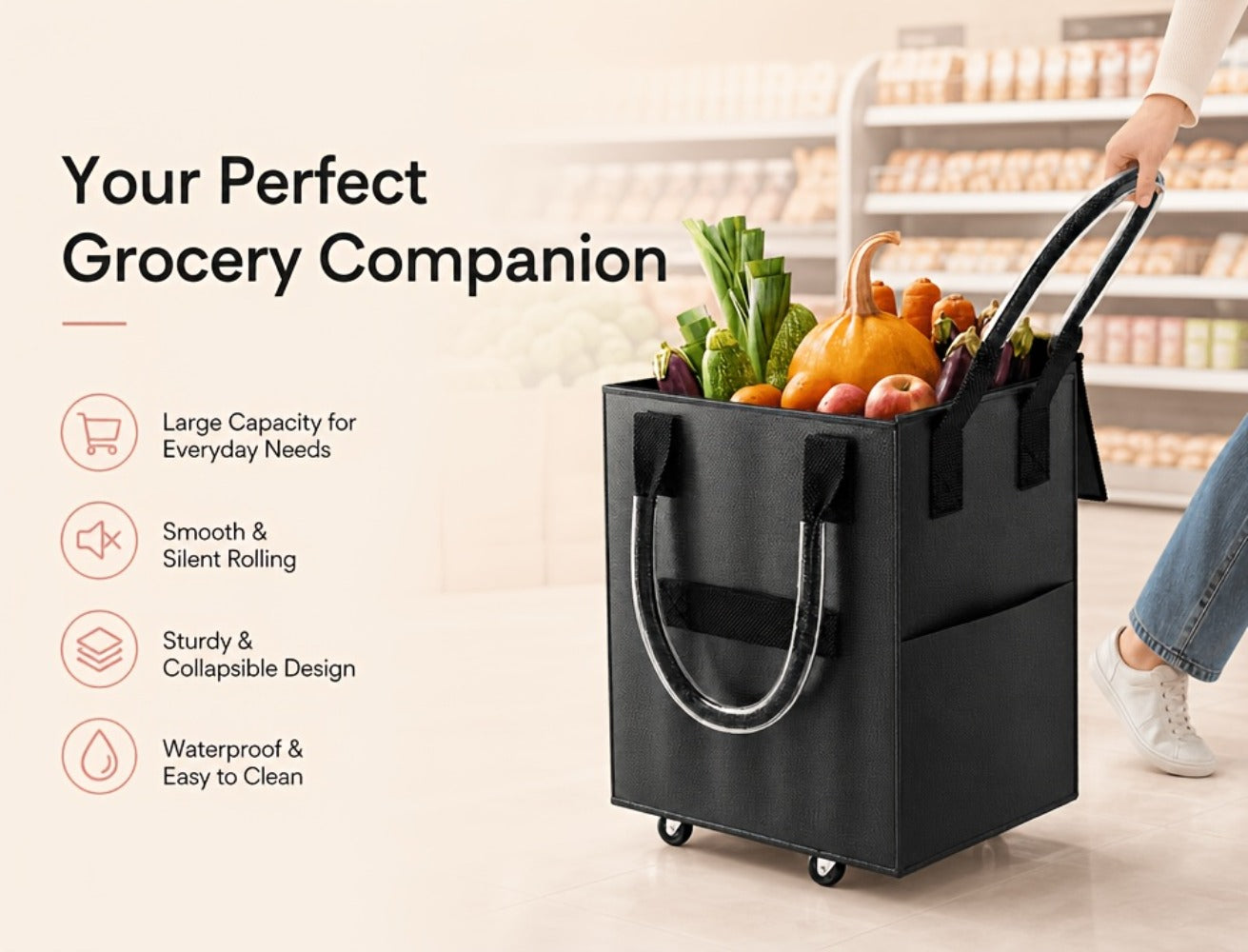 60 L Rolling Grocery Bag with Wheels in Black or Rose Gold for Shopping, Travel and Utility Use