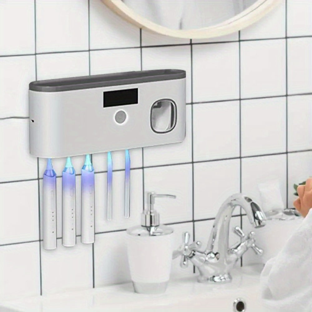 Five-Slot Gray Wall-Mounted Toothbrush Holder with Toothpaste Dispenser, Top Shelf and Display