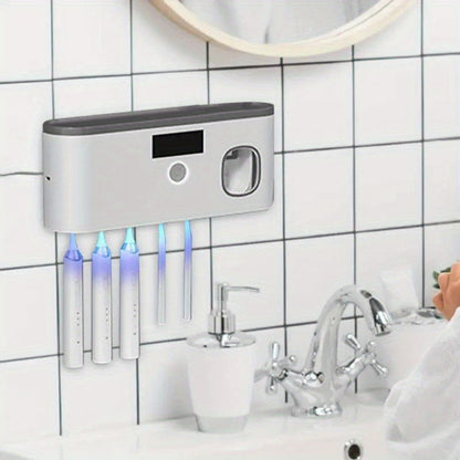 Five-Slot Gray Wall-Mounted Toothbrush Holder with Toothpaste Dispenser, Top Shelf and Display