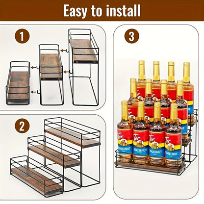 Three-Tier Countertop Bottle Rack with Black Metal Frame, Wood-Look Shelves and Twelve-Bottle Layout