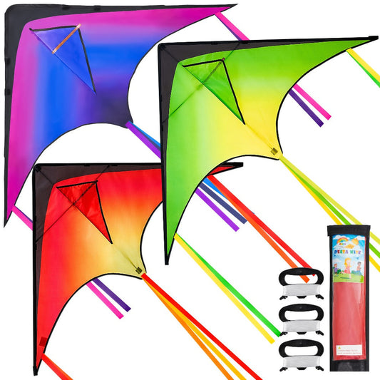 Large Delta Kite 3 Pack for Kids & Adults – Gradient Easy-to-Fly Kites with 58-Inch Wingspan & 262.5 Ft String, Stable in Light Wind | Best Outdoor Beach Park Gift for Boys and Girls