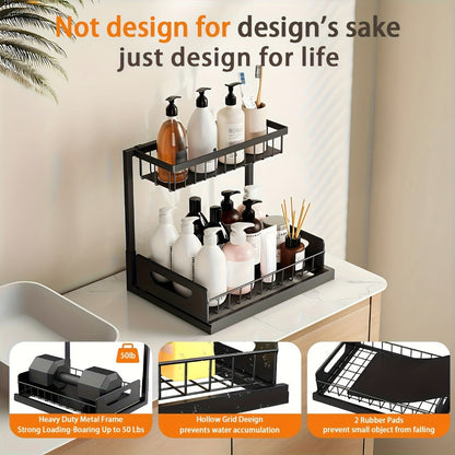 Two-Tier Pull-Out Cabinet Organizer with Upper and Lower Sliding Trays in Grey, Black or White Package Options